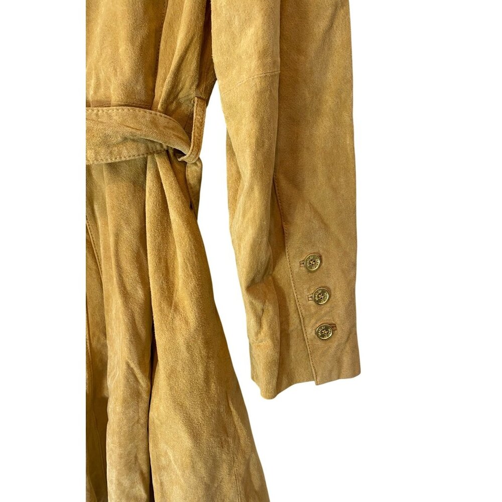 Bradley Bayou Mustard Yellow Suede Leather Trench Coat Grommet Detail Belt Large - Picture 3 of 14